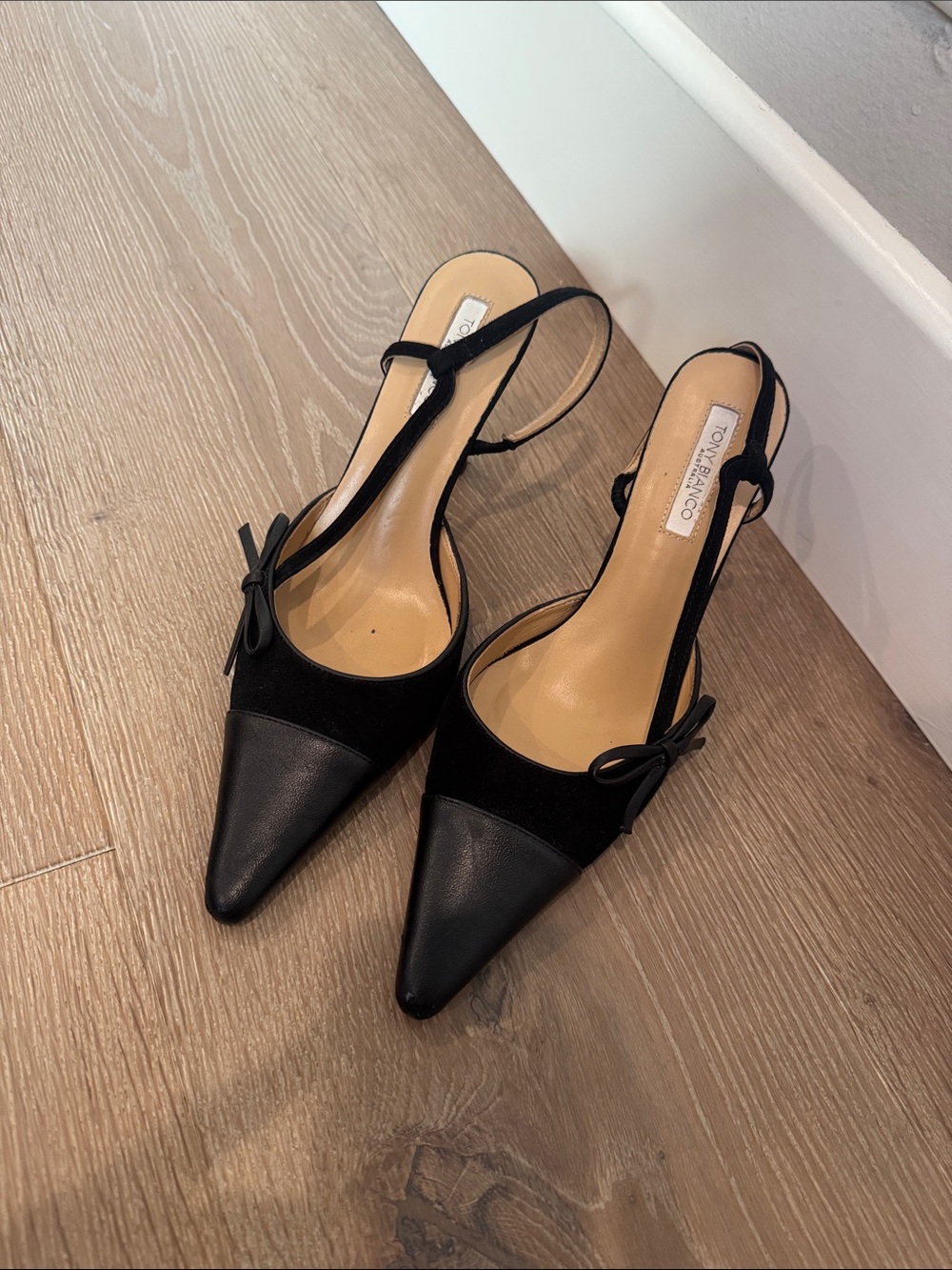 Tony Bianco Black Pointed Slingback Pumps with Bow Accent